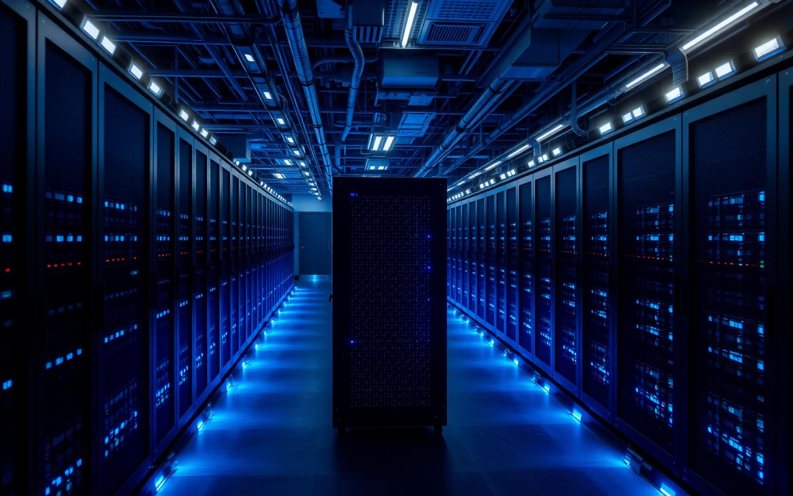 Cold aisle of a VOLTA data centre suite with illuminated server racks