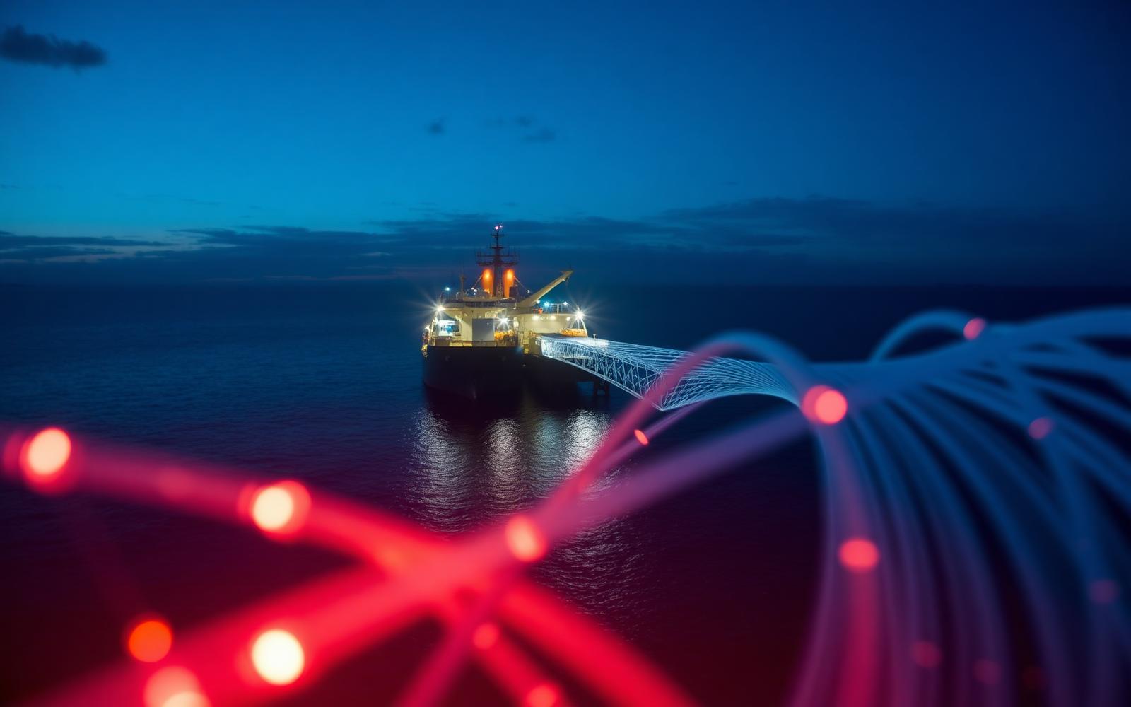 Subsea fibre optic cable landing station at dusk